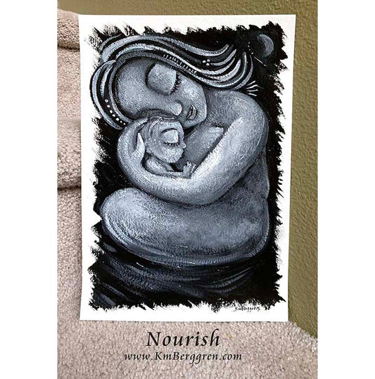 An 8x12 inch ORIGINAL black and white mother and baby painting on heavy 185 lb paper stock, mother and child black and white artwork, black and white painting of mom and baby, black and white paintings of women, bird and baby artwork, new baby gift, new baby artwork in black and white