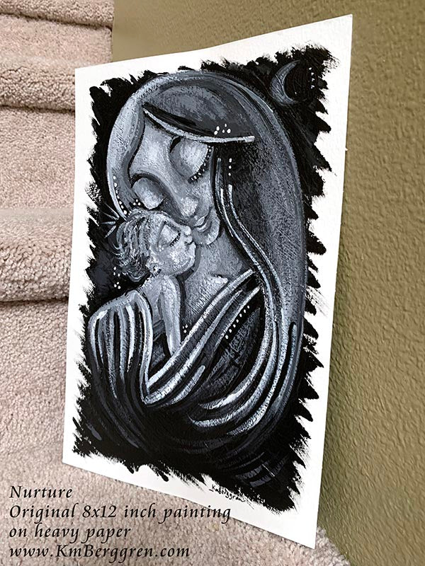 An 8x12 inch ORIGINAL black and white mother and baby painting on heavy 185 lb paper stock, mother and child black and white artwork, black and white painting of mom and baby, black and white paintings of women, bird and baby artwork, new baby gift, new baby artwork in black and white