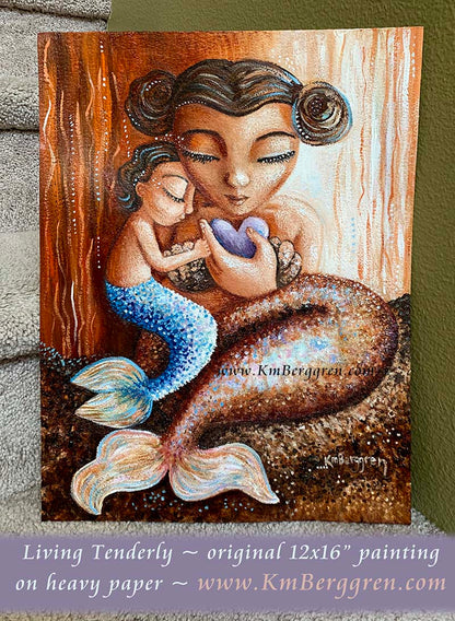 Mermaid Mother & Child Gentle Heart Red & Orange with Purple Heart Original Painting - KmBerggren