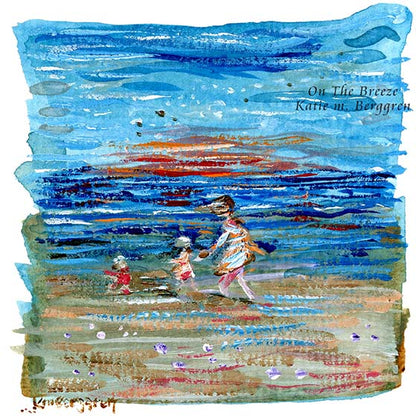 dreamy beach art, woman and two children on the beach, purple and blue soft beach painting