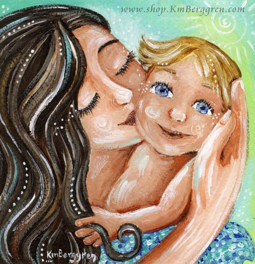 green art print of brown hair mother kissing blonde haired son's cheek. Customize eye color choose Embellished Print.