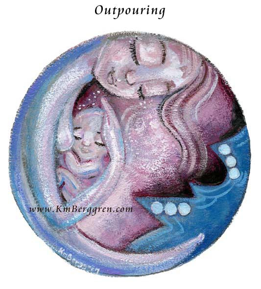 mother and child at ocean abstract circle artwork, round art, circle painting, modern art, abstract family, abstract portrait of woman and child, symbolic ocean waves, geometric ocean waves art, pink and blue round art, circle painting