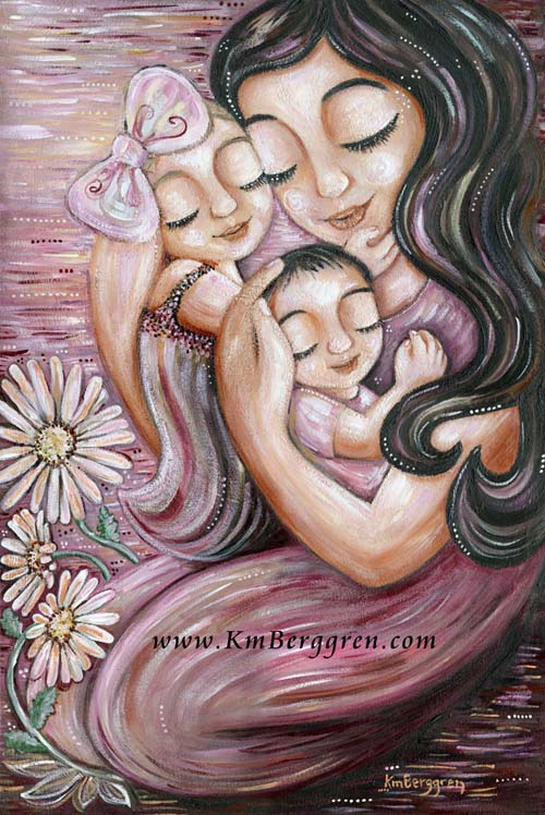 mother cuddling two babies in purple with daisies by KmBerggren