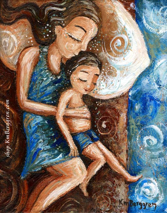 mother sleeping spooned with child, snuggling toddler in bed, co-sleeping family, family bed, sleeping with mommy, family nap, artwork by kmberggren