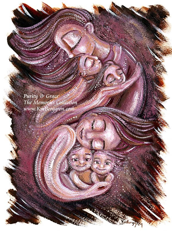 purple woman and kids painting, sisters art, two daughters art, daughter and son painting, boy and girl painting, mama of four artwork, purple painting of family, paintings of women, original art on paper by Katie m. Berggren