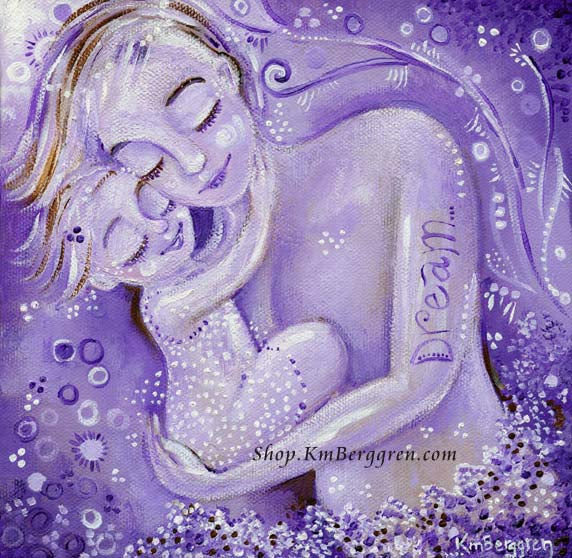 purple mother and daughter sleeping art print, Dream tattoo on mothers arm, by KmBerggren