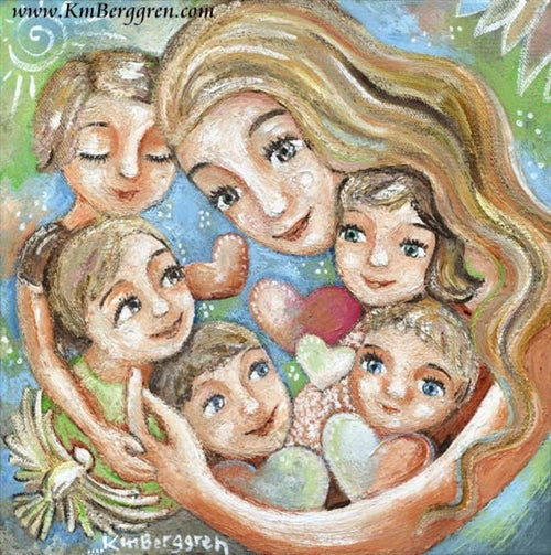 art print of mother with long blonde hair and her five children with hearts and birds by KmBerggren
