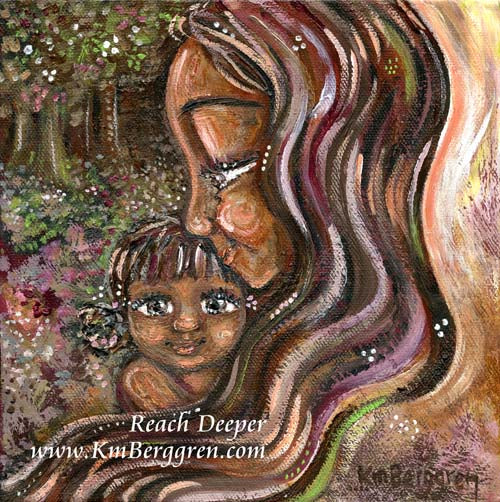 african american mother with long dark hair, dark eyed daughter with hair buns, mother daughter forest trees, magical painting love intimacy by KmBerggren