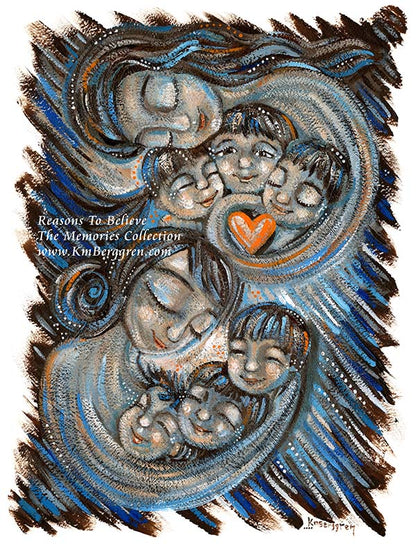 asian mother and three kids, korean american family art, asian american mother painting, asian american children, korean children art, painting of korean family, painting of asian american family, siblings art, brother sister art, blue and orange art, motherhood paintings, 2 mothers six kids, mother of 3, mother of 6, paintings of women, paintings of family