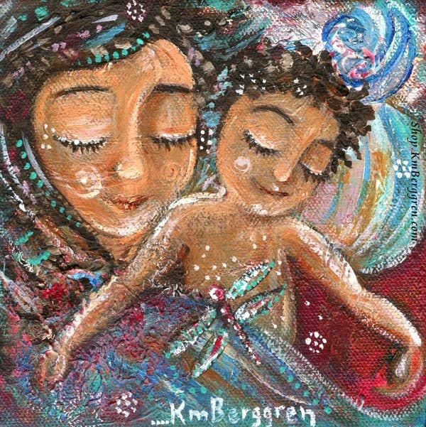 art print in soft pastel colors of olive skinned mom with biracial child sleeping with dragonfly, by KmBerggren