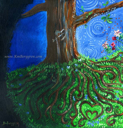 Tree with roots that make a heart, detailed and beautiful tree on a hill artwork by KmBerggren from the Carry You With Me book by Alanna Knobben 