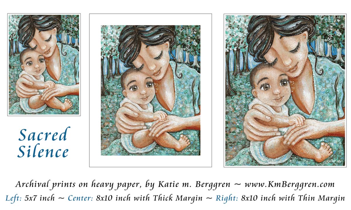 mama and baby artwork by Katie m. Berggren, mother and child in the woods, holding baby in nature. Brunette mother and big eye baby. Living in Nature, growing up in nature, raising children in the woods, free family. Nurtured children. Live in the trees, print on archival paper or deep canvas
