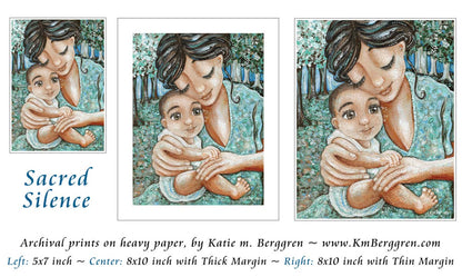 mama and baby artwork by Katie m. Berggren, mother and child in the woods, holding baby in nature. Brunette mother and big eye baby. Living in Nature, growing up in nature, raising children in the woods, free family. Nurtured children. Live in the trees, print on archival paper or deep canvas