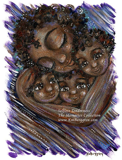 african american mother art, paintings of black families, paintings of black women, black mother and three children, women of color, family of color, brother sister art, sibling love art, curly brown black afro, brown and purple artwork, brown family, brown mother and children