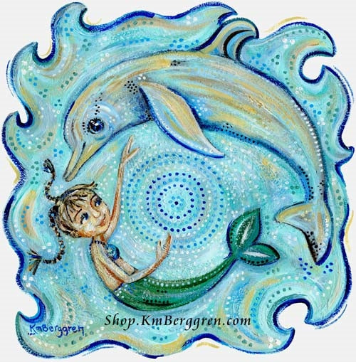 mermaid and dolphin art print in turquoise colors by KmBerggren