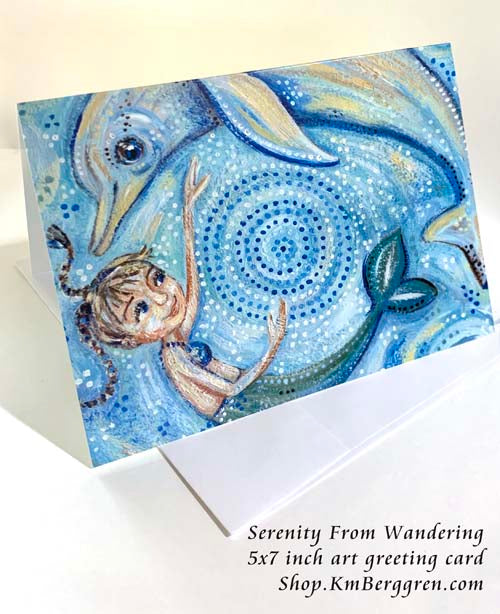 mermaid little girl and dolphin mini artwork, blank greeting card