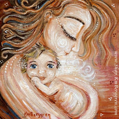 mother with red hair and blonde child skin to skin art print by KmBerggren