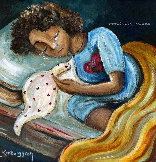mother crying in bed, sad because of miscarriage or baby loss, artwork by KmBerggren from the Carry You With Me Storybook by Alanna Knobben
