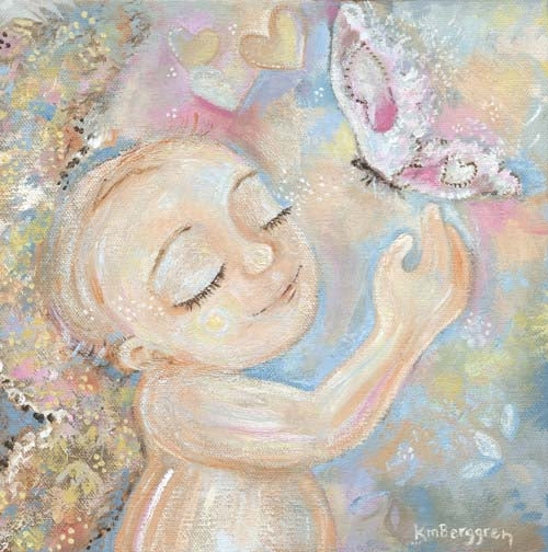 angel child art in soft pastels with big pink butterfly by KmBerggren