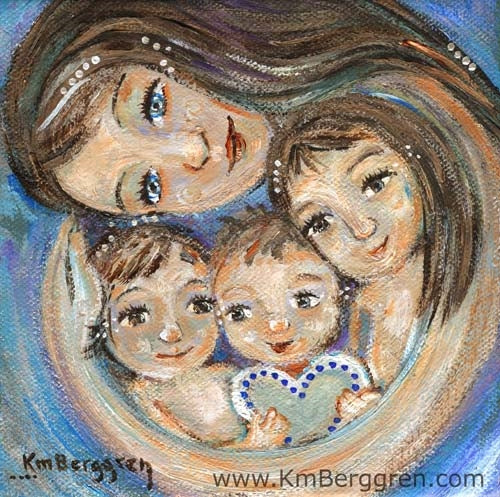 art print of mother with three children and heart in blue by KmBerggren