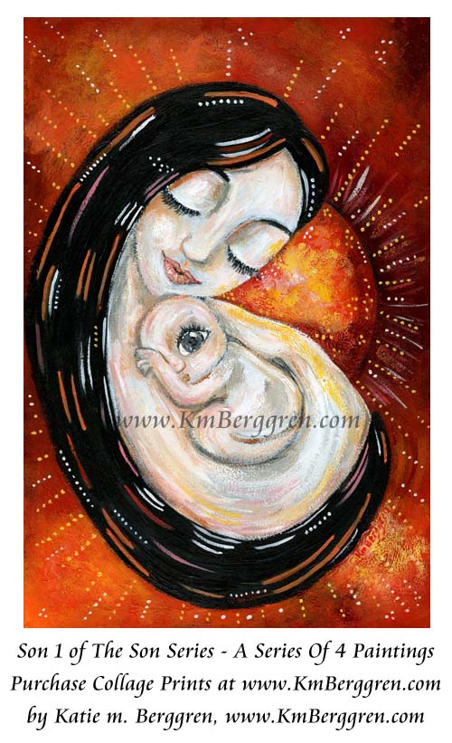 mother son artwork, art print of mom with baby boy, one big eye baby, grey eyes, black hair mom, red sunshine, bright red orange warm sun art, warm art, sun art