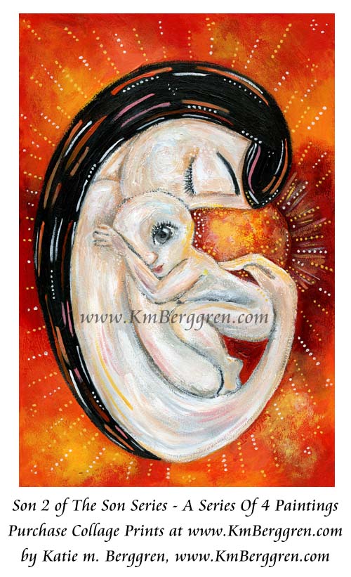 mother son artwork, art print of mom with baby boy, one big eye baby, grey eyes, black hair mom, red sunshine, bright red orange warm sun art, warm art, sun art