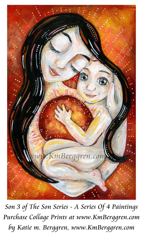 mother son artwork, art print young son, growing boy, grey eyes, black hair mom, red sunshine, bright red orange warm sun art, warm art, sun art