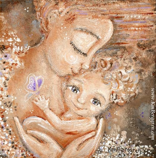pink and purple art print of mother with curly haired child by KmBerggren
