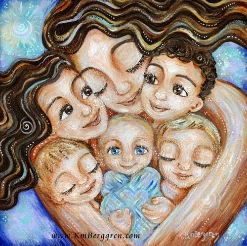 art print of mother with brown hair and five children, 3 blonde and new baby by KmBerggren