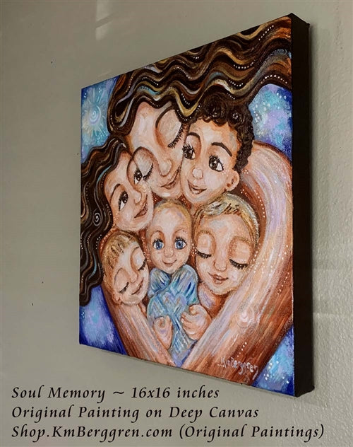 original painting of mother with five children and new baby with blue background by KmBerggren