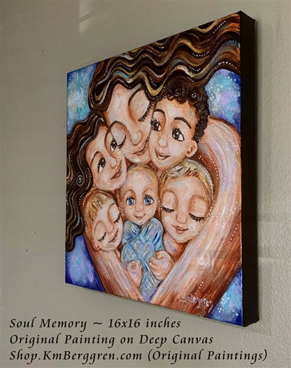 original painting of mother with five children and new baby with blue background by KmBerggren