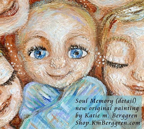 detail of faces in original painting of mother with five children and new baby with blue background by KmBerggren