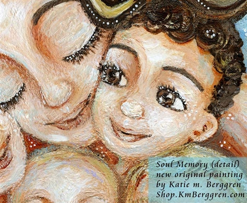 detail of faces in original painting of mother with five children and new baby with blue background by KmBerggren