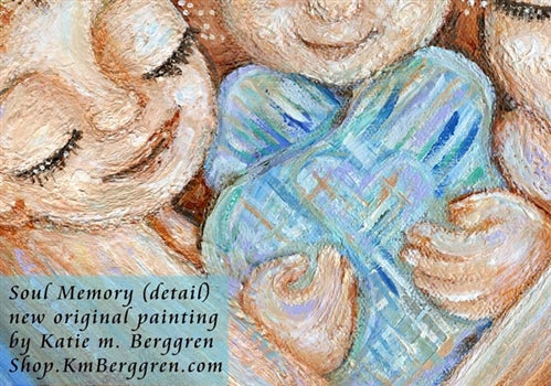 detail of faces in original painting of mother with five children and new baby with blue background by KmBerggren