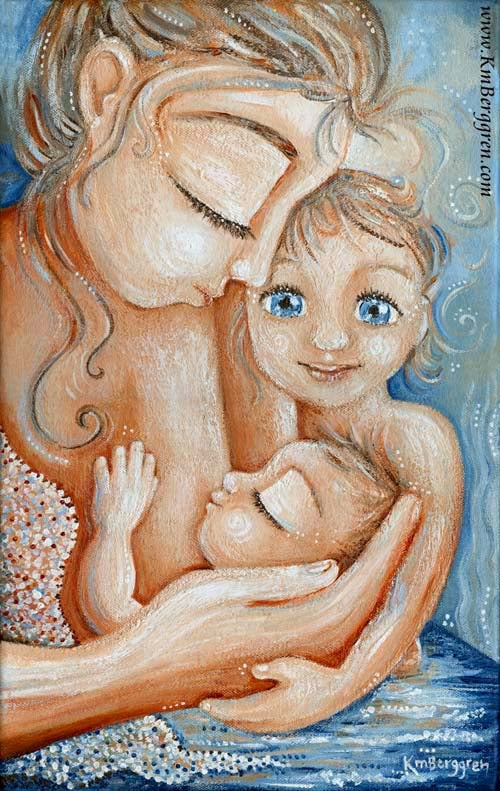 blonde mother with new baby at her breast and big blue eyed daughter by KmBerggren