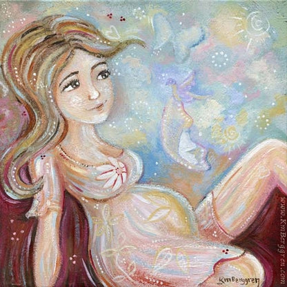 expectant mother with blues and pinks artwork with butterflies and birds by KmBerggren