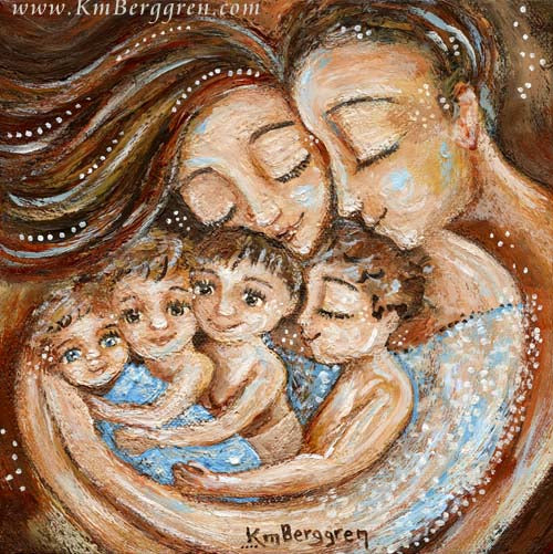 father and mother cuddling four young children, artwork in reds and blues by KmBerggren