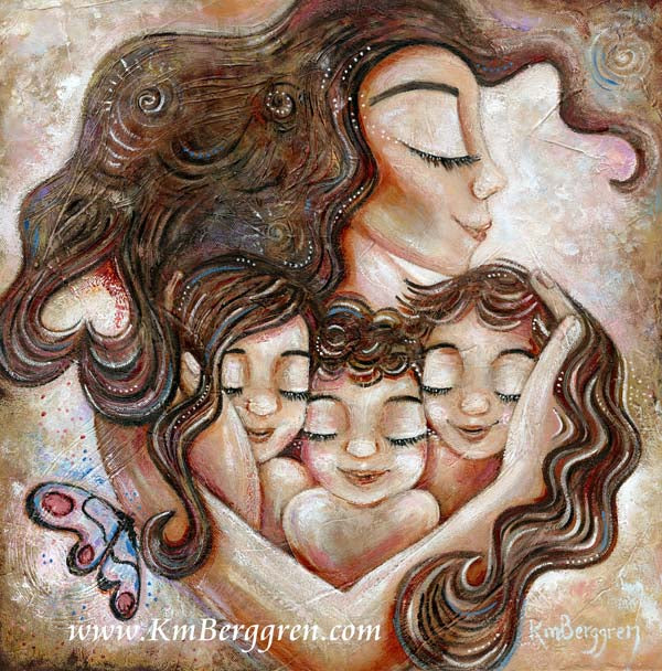 brunette mother with three brunette children and butterfly and heart by KmBerggren