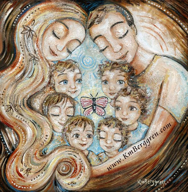 father and mother cuddling six young children, artwork in reds and blues by KmBerggren