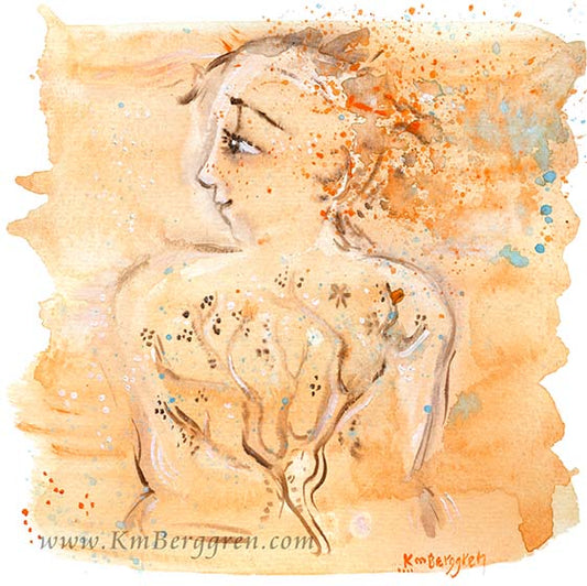 profile orange woman art, confident lone woman, single woman gift, tree growing on woman skin, tree tattoo, woman's back art, water paint print of woman, nude woman art, warm art of women