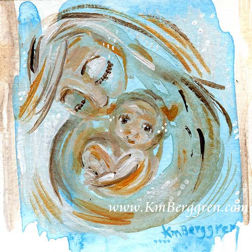 abstract blue watery mother and baby cuddling. Gift for new mom, new mother gift, baby shower gift. first baby gift
