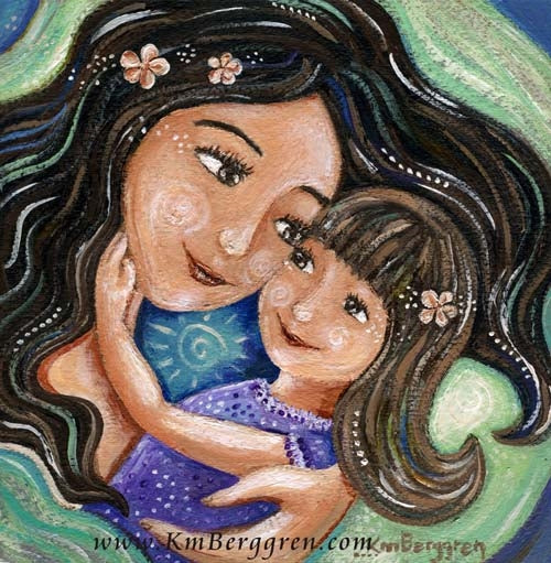 black haired mother artwork holding brown hair daughter with plumeria