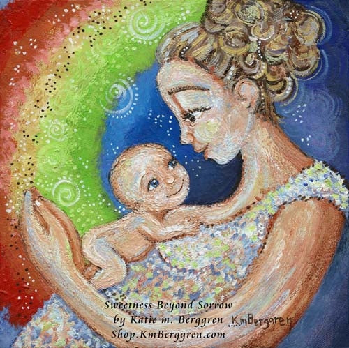 rainbow baby artwork, mother and new baby surrounded by a rainbow