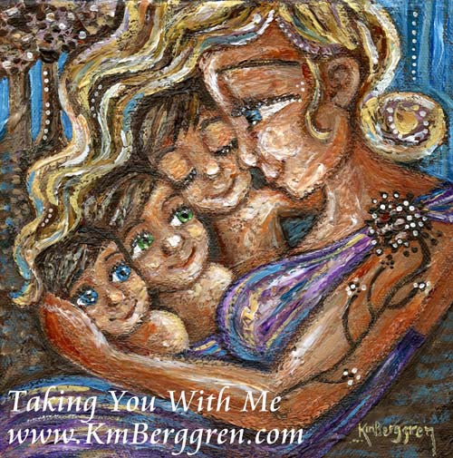 blonde mother with three brunette children in rich purples and blues, magical forest of trees, blue eyes, green eyes, siblings, three kids art gift for mom for mothers day by kmberggren