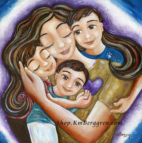 brunette mother hugging three brown haired children with purple blue and white background