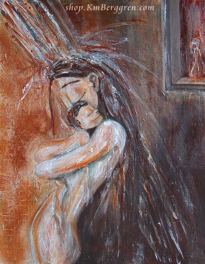 artwork showing mother showering with naked toddler red and brown by KmBerggren