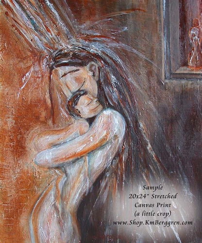 artwork showing mother showering with naked toddler red and brown by KmBerggren