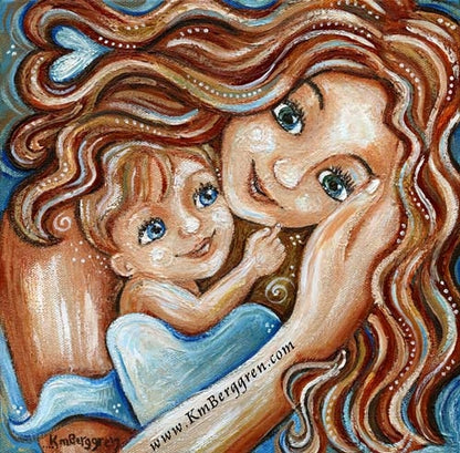 red haired mother artwork with red haired child with blue eyes and hidden heart