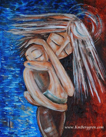 red and blue art print of mother protecting child 