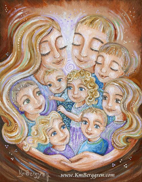 red and blue art print of father and mother with seven children by Katie m. Berggren, customizable family art, dad art, gift for dad with a lot of kids